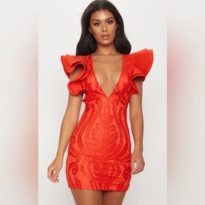 RED LACE RUFFLE DETAIL PLUNGE BODYCON DRESS